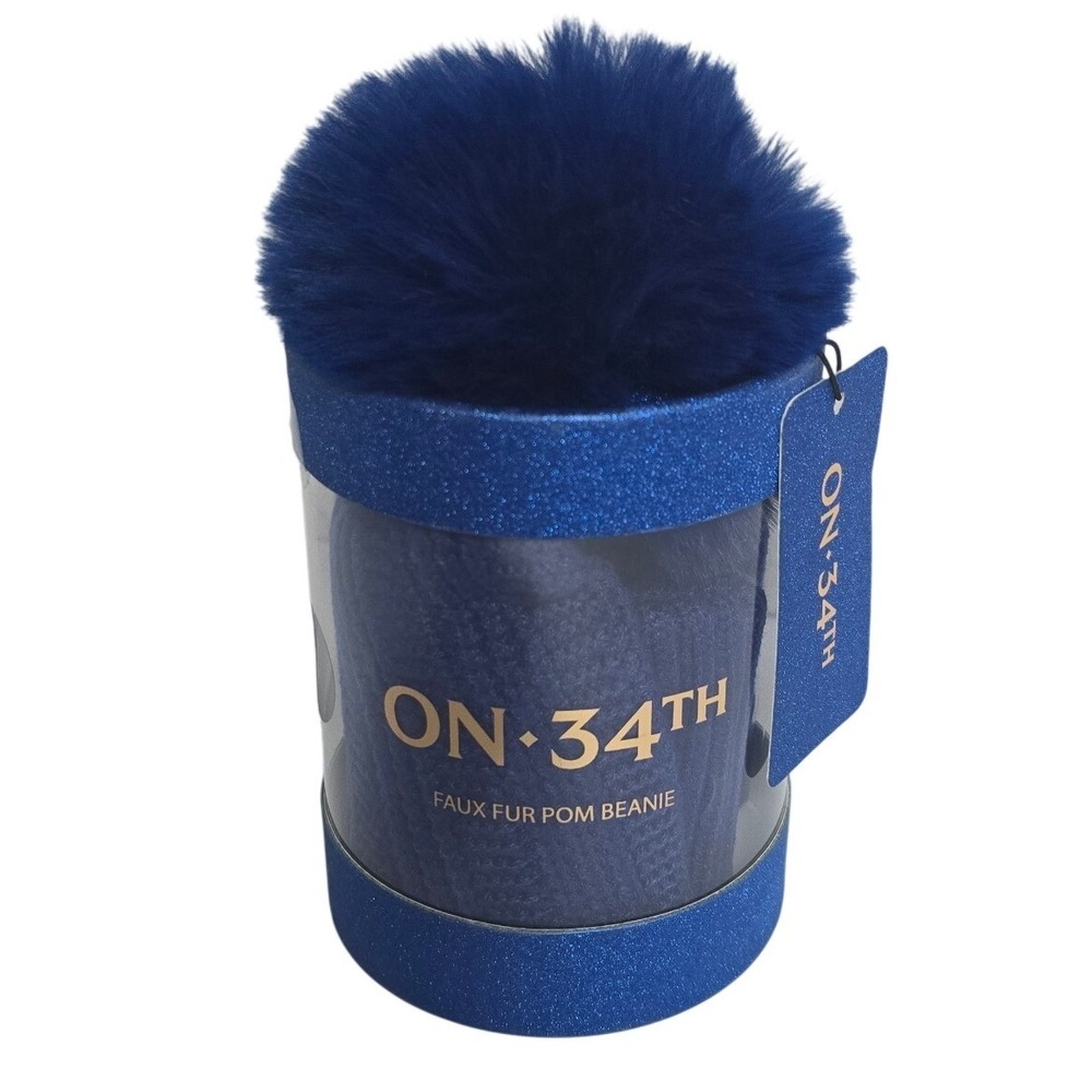 On 34th Royal Blue Ribbed Knit Faux Fur Pom Beanie Hat One Size NWT Gift Box